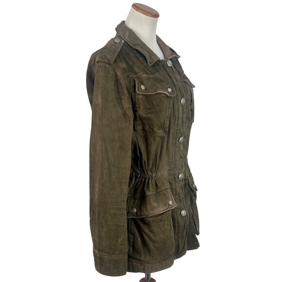 Free People Distressed Olive Button Front Relaxed Military Jacket Gorpcore Boho - Picture 7 of 16